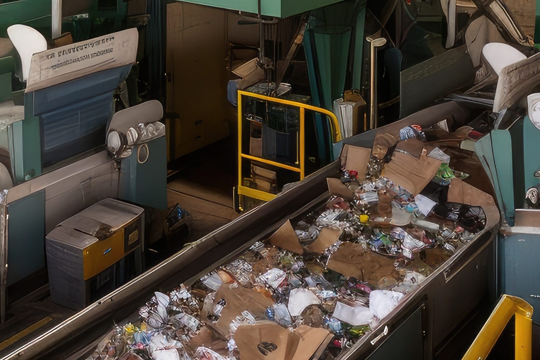 a recycling center, with bins and machines sorting and reprocessing materials