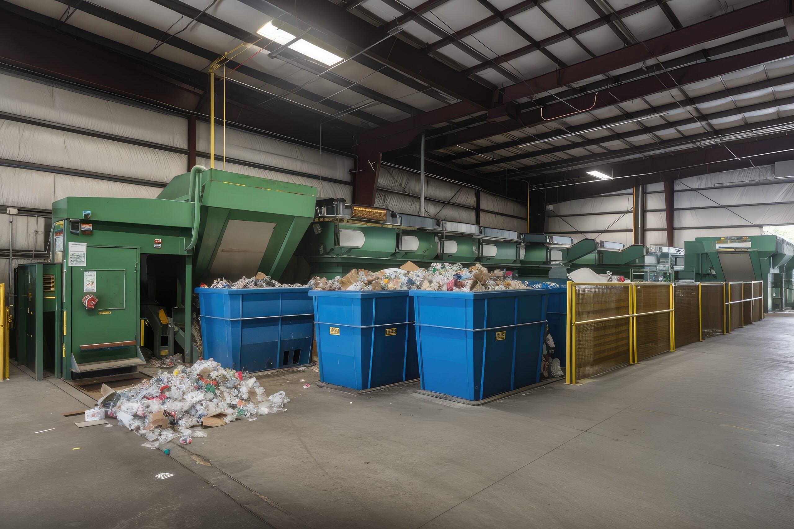 recycling center, with bins and trucks for sorting recyclables